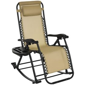 Outdoor Rocking Chairs, Foldable Reclining Zero Gravity Lounge Rocker with Pillow, Phone & Cup Holder, Combo Design with Folding Legs, Beige