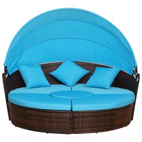 4-Piece Round Convertible Daybed with Cushions, Outdoor PE Rattan Patio Wicker Sofa Set, Sunbed with Adjustable Sun Canopy, Sectional Sofa, 2 Ch (Option: Light Blue-1170x320x610 mm)