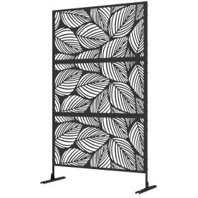 6.5' Decorative Outdoor Divider, Metal Privacy Screen with Stand, Leaf Motif, Black (Option: Black-1320x700x110 mm)