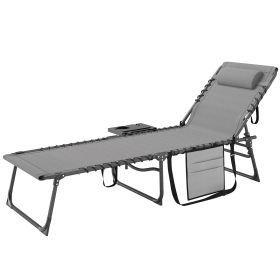 Folding Outdoor Chaise Lounge Chair Tanning Chair with 5-Level Adjustable Back, Side Table, Pillow, Pocket, Gray (Option: Gray-780x170x610 mm)