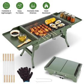 Foldable Charcoal Grill Portable BBQ Grill with Storage Shelf, Carry Handle, Air Vent Design, Chrome-Plated Grill Grate, 10 Skewers, Outdoor Barb (Option: Army green)