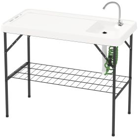 Folding Fish Cleaning Table With Sink, Portable Camping Table With Faucet, Drainage Hose, Sprayer And Shelf, White (Option: White)