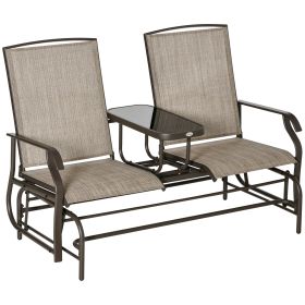 Outdoor Glider Bench with Center Table, Metal Frame Patio Loveseat with Breathable Mesh Fabric and Armrests for Backyard Garden Porch, Brown (Option: Sand-1420x680x195 mm)
