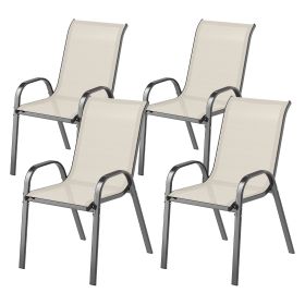 Set of 4 Outdoor Dining Chairs, Stackable Patio Chairs with High Back, Breathable Mesh Seat for Garden Lawn, Beige (Option: Beige-910x790x100 mm)