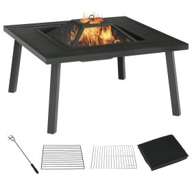 34" Fire Pit with Grill, Metal Outdoor Wood Burning Firepit with Spark Screen, Fire Poker, Cover, Table Lip, Black (Option: Black-830x160x830 mm)
