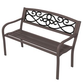 50" Outdoor Bench, Metal Garden Bench with Floral Pattern Backrest, Porch Bench with Slatted Seat for Park, Yard, Lawn, Brown (Option: Brown-1315x655x140 mm)