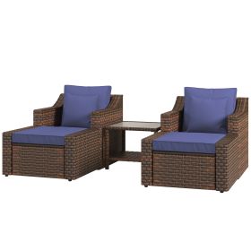 5pc Patio Furniture Set, All Weather PE Rattan Conversation Chair and Ottoman Set w/ Table, Cushion Pillows, Blue (Option: Dark Blue-780x720x490 mm)