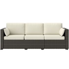 Patio Couch PE Wicker Deep Seating Outdoor Sofa with Removable Cushions, 3 Seater Rattan Sofa, Outdoor Furniture for Balcony, Deck, Garden and P (Option: Cream White-780x625x560 mm)