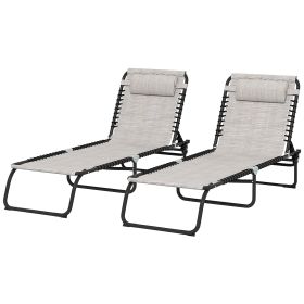 2 Folding Chaise Lounge Pool Chairs with 4-Position Reclining Back, Pillow, Breathable Mesh & Bungee Seat, Dark Blue (Option: Cream White-770x270x600 mm)
