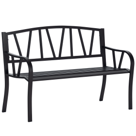 50" Outdoor Bench, Metal Garden Bench with V-Shaped Pattern Backrest, Porch Bench with Slatted Seat for Park, Yard, Lawn, Black (Option: Black-1320x650x135 mm)