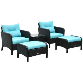 5 Pieces Rattan Wicker Lounge Chair Outdoor Patio Conversation Set with 2 Cushioned Chairs, 2 Ottomans and Tempered Glass Top Coffee Table, Brow (Option: Light Blue-640x640x530 mm)