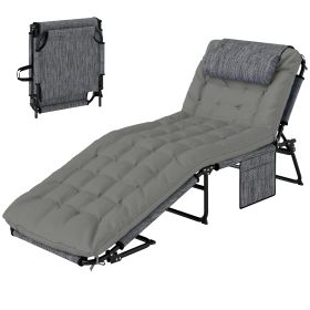 Folding Chaise Lounge Pool Chair with 4-level Reclining Back, Cushion, Side Pocket, Headrest, Gray (Option: Gray-785x175x720 mm)