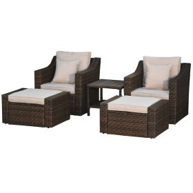 5pc Patio Furniture Set, All Weather PE Rattan Conversation Chair and Ottoman Set w/ Table, Cushion Pillows, Beige (Option: Beige-780x720x490 mm)