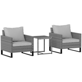 3PCS Patio Set, Wicker Bistro Set with Cushions, Rattan Chairs, Glass Coffee Table for Backyard, Porch, Balcony, Gray (Option: Light Gray-630x660x660 mm)
