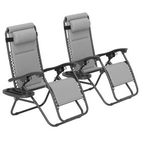 Zero Gravity Lounge Chair Set, 2 Pieces Reclining Folding Outdoor Lounge Chairs with Headrest Side Tray, Light Gray (Option: Light Gray-880x225x660 mm)