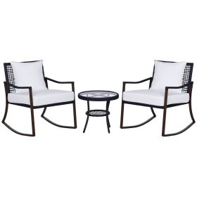 3 Piece Patio Rocking Bistro Set, Outdoor PE Rattan Wicker Rocking Chairs with Cushioned, Pillows, Two-Tier Glass Storage Shelf Coffee Table, Cr (Option: Brown-765x635x415 mm)