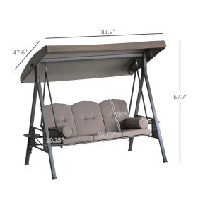 3-Seat Patio Swing Chair, Outdoor Porch Swing Glider With Adjustable Canopy, Removable Cushion, Pillows And Side Trays, For Garden, Poolside, Bac (Option: Brown Frame)