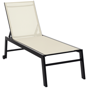 Outdoor Chaise Lounge with Wheels, Five Position Recliner for Sunbathing, Suntanning, Steel Frame, Breathable Fabric for Beach, Yard, Patio, Cre (Option: Cream White-1690x670x100 mm)