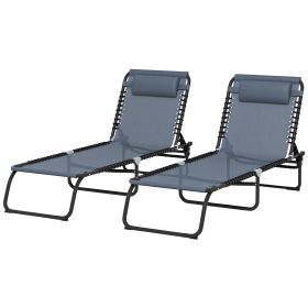 2 Folding Chaise Lounge Pool Chairs with 4-Position Reclining Back, Pillow, Breathable Mesh & Bungee Seat, Gray (Option: Gray-770x270x600 mm)