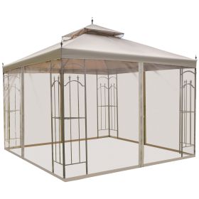 10' x 10' Patio Gazebo with Corner Frame Shelves, Double Roof Outdoor Gazebo Canopy Shelter with Netting for Patio, Wedding, Catering & Events, (Option: Brown-1990x450x200 mm)