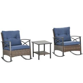 3 Piece Rocking Patio Wicker Set, Outdoor Rocking Chairs, Patio Coffee Set for Garden, Family Use, Dark Blue (Option: Dark Blue-770x450x640 mm)