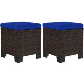 2 Piece Wicker Outdoor Ottomans with Cushions, Rattan Ottoman Footrest and Side Table for Patio, Yard, Poolside, Dark Blue (Option: Dark Blue-430x430x320 mm)