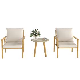 3 Piece Outdoor Bistro Set, Wood Effect Metal Patio Set with Wide and Deep Chairs, Round Table, Cushions, Cream White (Option: Cream White-720x630x470 mm)