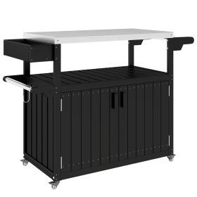 Outdoor Bar Cart with Storage, Stainless Steel Outdoor Bar Table Top, Wheeled HDPE Kitchen Island for Food Prep, Black (Option: Black-960x640x320 mm)