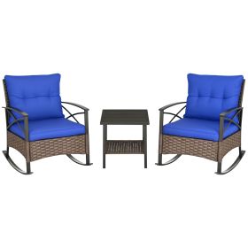 3 Piece Patio Rocking Chair Set, Outdoor Wicker Bistro Set with 2 Oversize Cushioned Porch Rockers and 2 Tier Coffee Table for Garden, Porch, Ba (Option: Blue-770x450x640 mm)