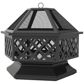 28" Outdoor Fire Pit with Grill Hexagon Fireplace Wood Burning Firepit with Cooking Grate, Fire Poker, Spark Screen Lid (Option: Black-660x760x280 mm)
