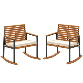 Acacia Wood Outdoor Lawn Rocking Chair Set of 2, Outdoor Patio Rocking Chairs with Armrests, Cushion, Cream White (Option: Cream White-840x650x490 mm)